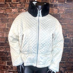 Women's White Quilted Ski Jacket with Black Collar